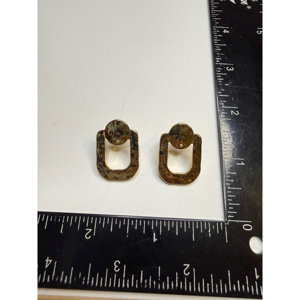 Gold Tone Hammered Geometric Door Knocker Post Earrings‎ Textured Rectangular
